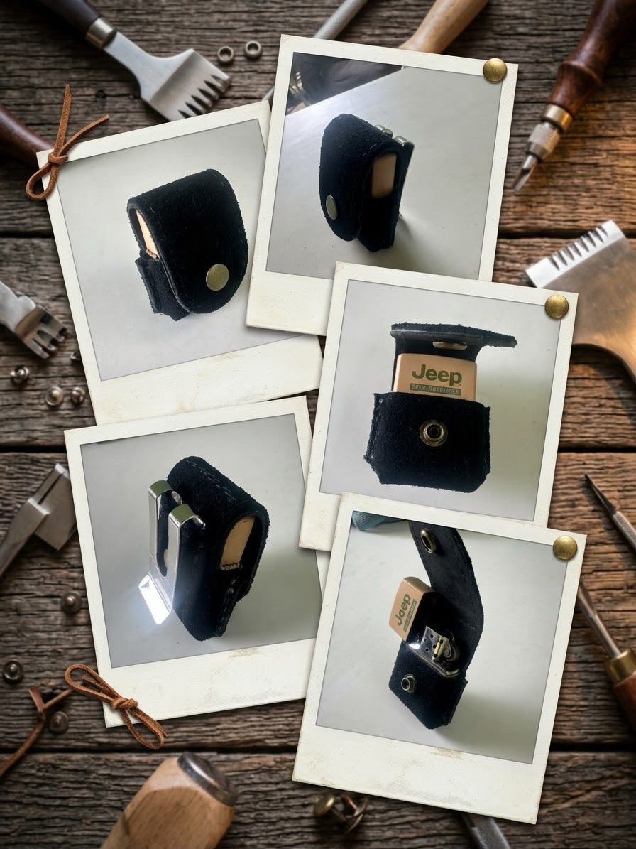 A black leather lighter case photographed from several angles.
