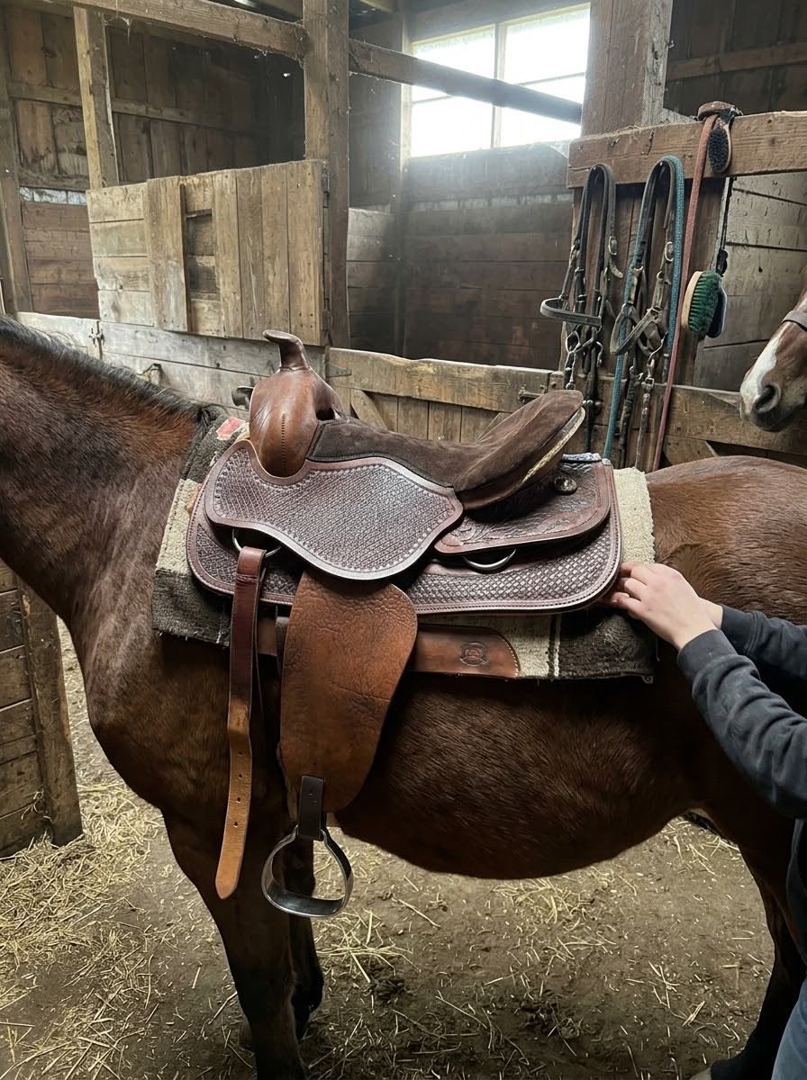 A saddle being fitted onto a horse's back inside the stable.