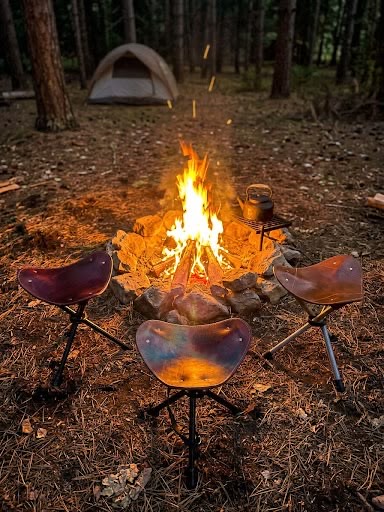 Three leather stools around a campfire in the woods.