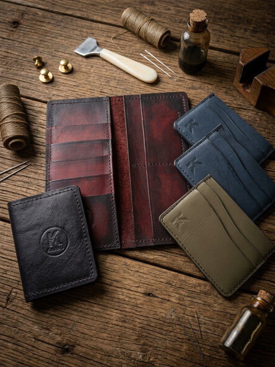 Kaíru wallets and card holders in wine, blue, olive and black leather.